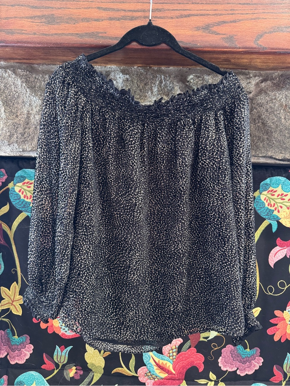 White House Black Market Black Velvety Polka Dot Off-Shoulder Shirt